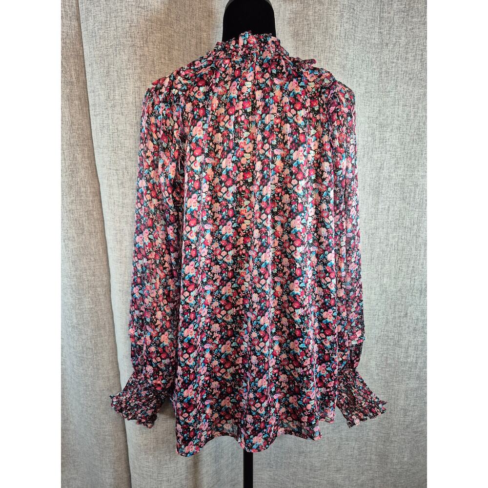 Buddy Love Floral Ruffle Neck Blouse Small Smocked Cuffs Sheer Long Sleeve Boho - Picture 5 of 9